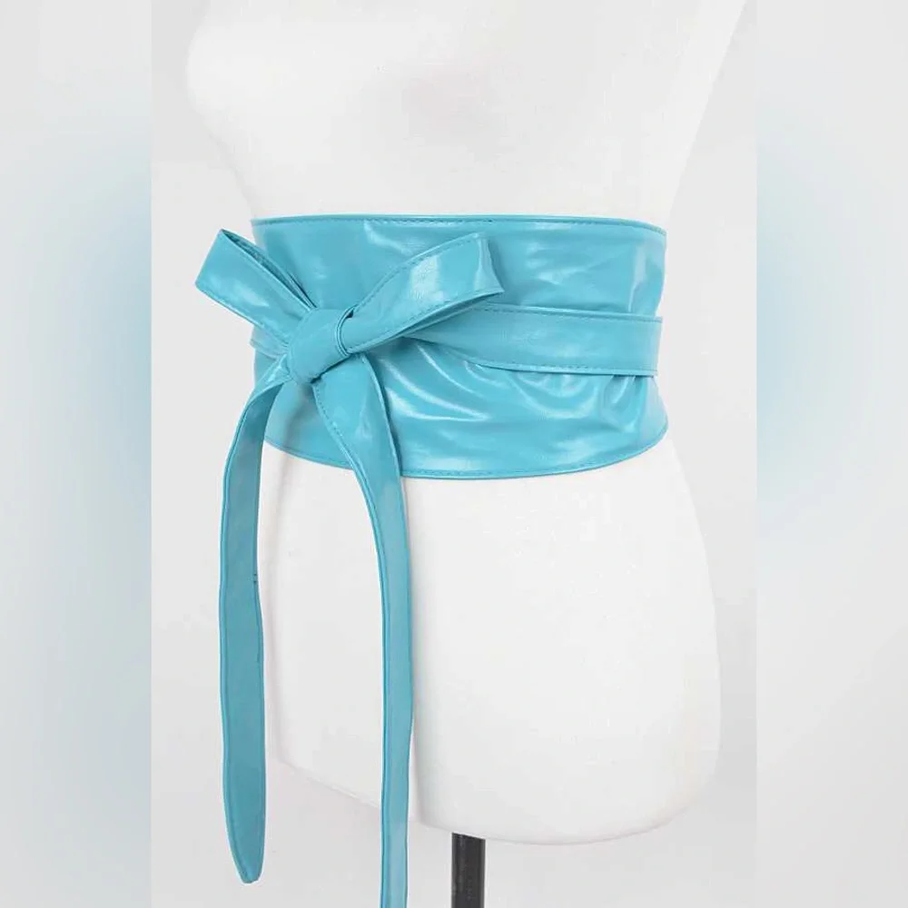 Blue Vegan Leather Obi Adjustable Waist Statement Belt